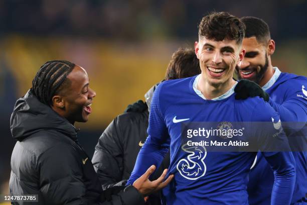Kai Havertz of Chelsea celebrates with Raheem Sterling and Ruben Loftus-Cheek during the UEFA Champions League round of 16 leg two match between...