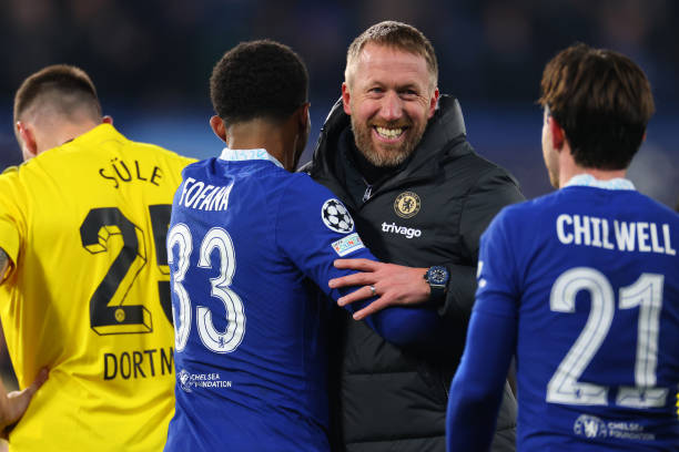 Chelsea Head Coach Graham Potter celebrates with Fofana and Ben Chilwell of Chelsea during the UEFA Champions League round of 16 leg two match...