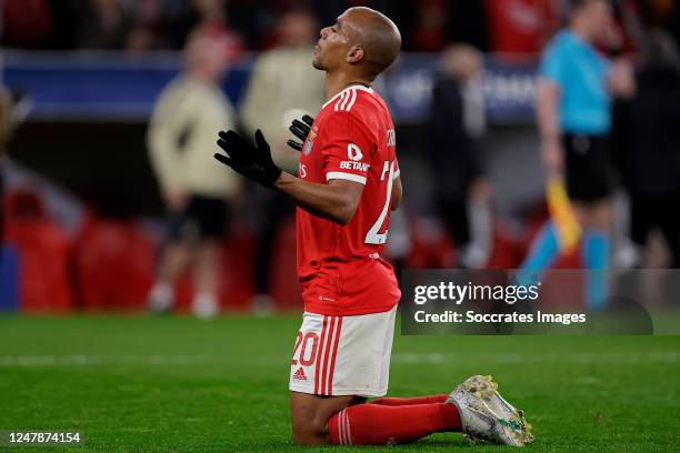 Joao Mario of Benfica celebrates 4-0 during the UEFA Champions League match between Benfica v Club Brugge at the Estadio Da Luz on March 7, 2023 in...