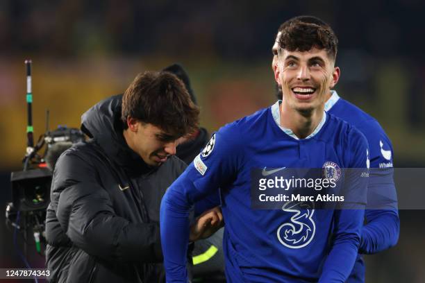 Kai Havertz of Chelsea celebrates with Joao Felix during the UEFA Champions League round of 16 leg two match between Chelsea FC and Borussia Dortmund...