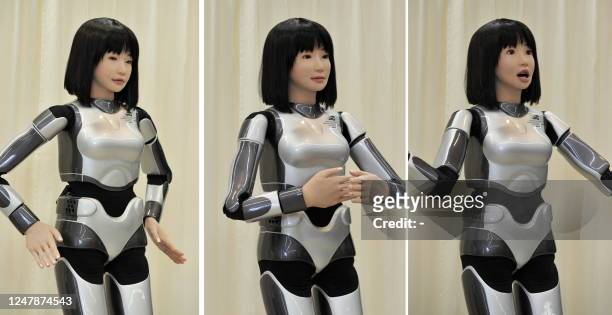 Combo picture shows Japan's government sponsored research laboratory AIST's new humanoid robot ""HRP-4C", 158cm in tall and weighing 43kg, with...