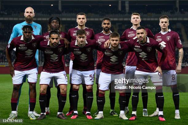 Players of Torino FC pose for a team photo wearing the limited edition jersey 'Fujin10' by Joma as celebration for the 10-year partnership between...