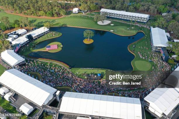 An overall view of the National Anthem performance before the Military Appreciation Ceremony prior to THE PLAYERS Championship at Stadium Course at...