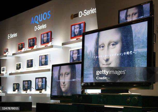 Japanese electronics giant Sharp unveils the company's new LCD television sets, the "Aquos R and D series", sized from 20 to 65-inches, at a preview...