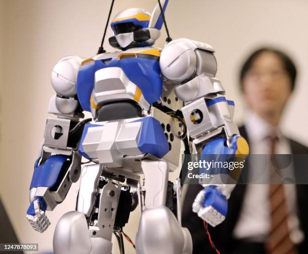 The new humanoid robot "HRP-2m Choromet", which is downsized model of a well known humanoid robot "HRP-2 Promet", is unveiled in Tokyo at a press...