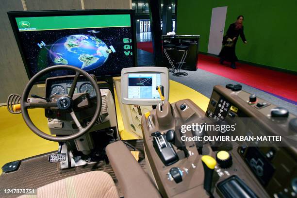 Picture shows a stand with driving GPS tractor simulator, 27 February 2006 at the International Agriculture Fair in Paris that this year aims at...