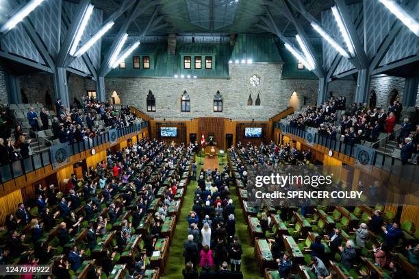 The President of the European Commission Ursula von der Leyen addresses Parliament in the House of Commons on Parliament Hill in Ottawa, Canada, on...