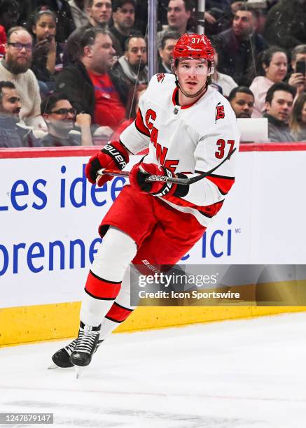 Carolina Hurricanes right wing Andrei Svechnikov tracks the play during the Carolina Hurricanes versus the Montreal Canadiens game on March 7 at Bell...
