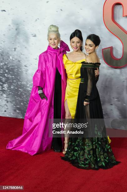 Dame Helen Mirren, Lucy Liu and Rachel Zegler attend the UK premiere of Shazam! Fury of the Gods at Cineworld Leicester Square in London, United...