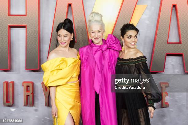 Lucy Liu, Dame Helen Mirren and Rachel Zegler attend the UK premiere of Shazam! Fury of the Gods at Cineworld Leicester Square in London, United...