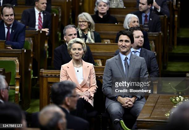 Ursula von der Leyen, president of the European Commission, left, with Justin Trudeau, Canada's prime minister, on Parliament Hill in Ottawa,...