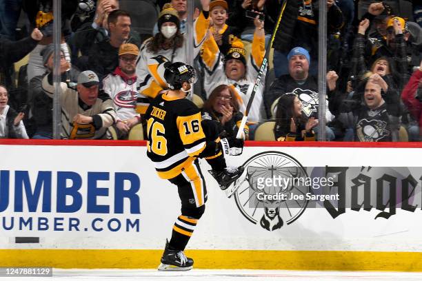 Jason Zucker of the Pittsburgh Penguins celebrates his second period goal against the Columbus Blue Jackets at PPG PAINTS Arena on March 7, 2023 in...