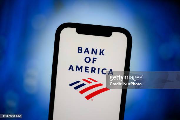 The Bank of America logo is seen in this illustration photo in Warsaw, Poland on 08 March, 2023.