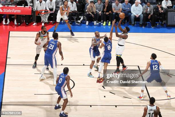 Anthony Edwards of the Minnesota Timberwolves shoots the ball during the game against the Philadelphia 76ers on March 7, 2023 at Target Center in...