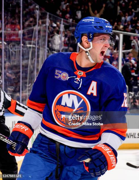 Josh Bailey of the New York Islanders celebrates after scoring a goal against the Buffalo Sabres during the third period at UBS Arena on March 07,...