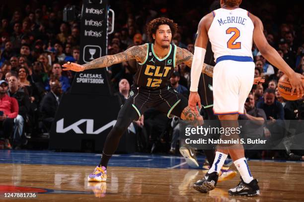Kelly Oubre Jr. #12 of the Charlotte Hornets plays defense during the game against the New York Knicks on March 7, 2023 at Madison Square Garden in...