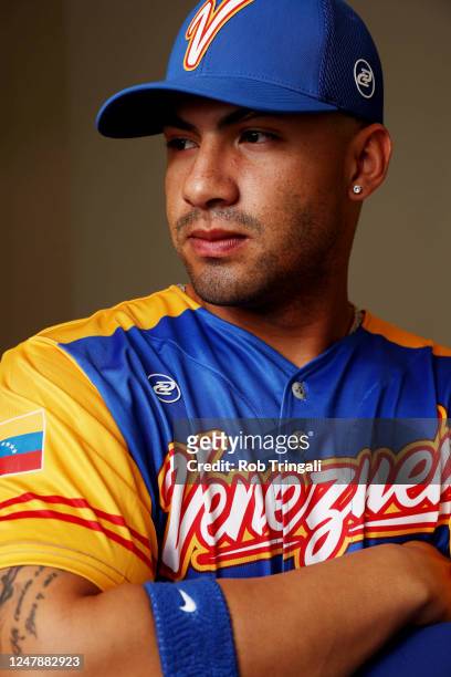 Gleyber Torres of Team Venezuela poses for a photo during the Team Venezuela 2023 World Baseball Classic Headshots at Ballpark of the Beaches on...
