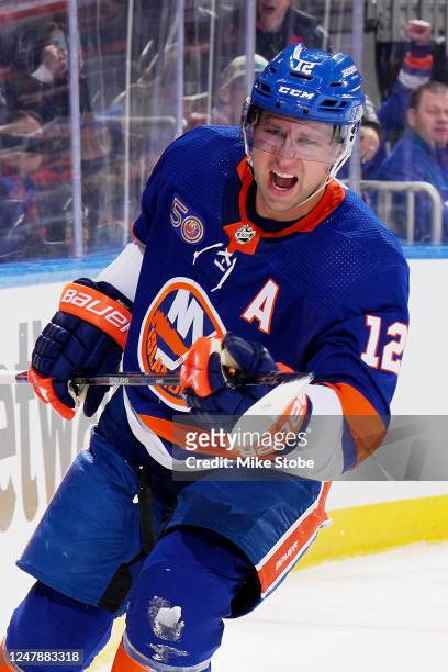 Josh Bailey of the New York Islanders celebrates after scoring a goal against the Buffalo Sabres during the third period at UBS Arena on March 07,...