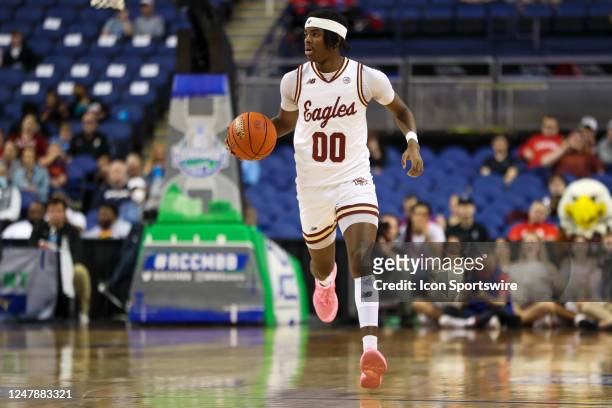 Chas Kelley of the Boston College Eagles brings the ball down the court during the ACC Tournament against the Louisville Cardinals on March 7, 2023...