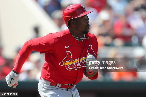 St. Louis Cardinals Outfielder Jordan Walker hustles down to first base during the spring training game between the St. Louis Cardinals and the...