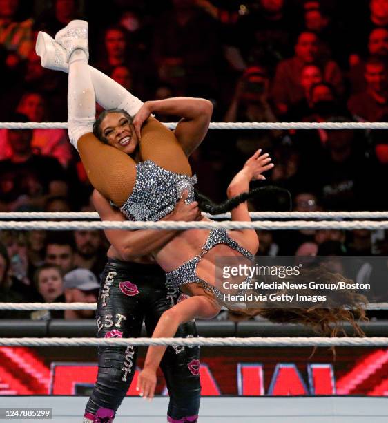 Bianca Belair wrestles Carmella during WWE Monday Night Raw at the TD Garden on March 6, 2023 in Boston, Massachusetts