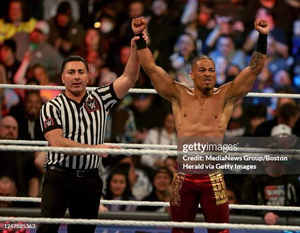 Carmelo Hayes of Framingham wins his match during WWE Monday Night Raw at the TD Garden on March 6, 2023 in Boston, Massachusetts