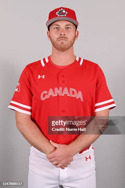 Noah Skirrow of Team Canada poses for a photo during the Team Canada 2023 World Baseball Classic Headshots at Sloan Park on Tuesday, March 7, 2023 in...