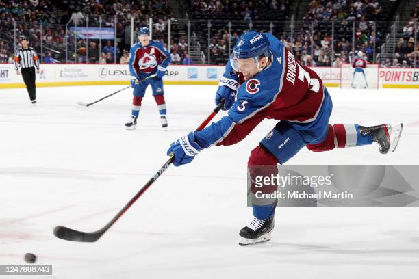 Jack Johnson of the Colorado Avalanche shoots against the San Jose Sharks at Ball Arena on March 7, 2023 in Denver, Colorado.