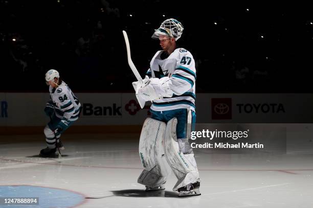 Goaltender James Reimer of the San Jose Sharks takes to the ice prior to the third period against the Colorado Avalanche at Ball Arena on March 7,...