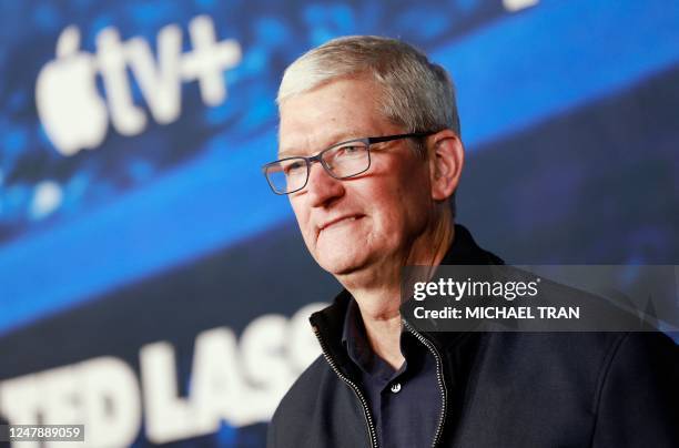 Apple CEO Tim Cook arrives for the season three premiere of "Ted Lasso" at the Regency Village Theater in Los Angeles, California, on March 7, 2023.