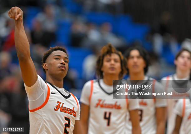 Hayfields Daryl Holloway, left, warming up during Hayfields defeat of Patriot 75-73 at the buzzer in a boys basketball game at Hayfield High School...