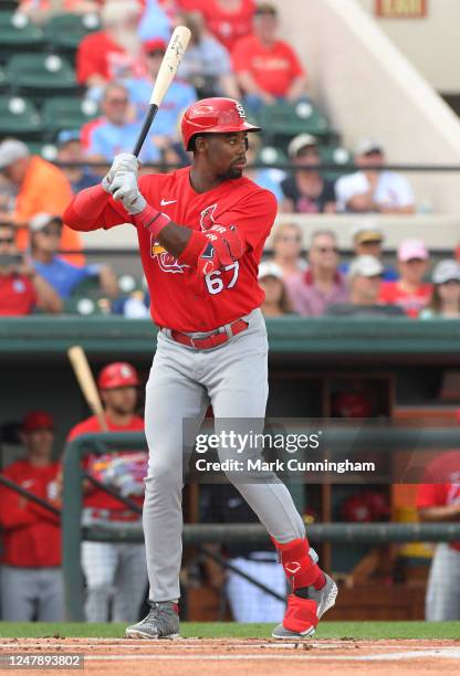 Jordan Walker of the St. Louis Cardinals bats during the Spring Training game against the Detroit Tigers at Publix Field at Joker Marchant Stadium on...