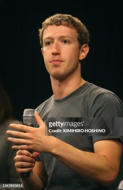 Facebook CEO Mark Zuckerberg describes Facebook's new applications during a press conference at the Facebook f8 Developer Conference at the San...