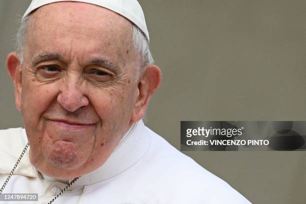 Pope Francis arrives for the weekly general audience on March 8, 2023 at St. Peter's square in The Vatican.
