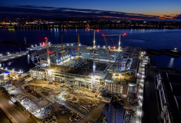 An aerial view of construction work at the site of Everton football club's new stadium being built at Bramley-Moore Dock in Liverpool.