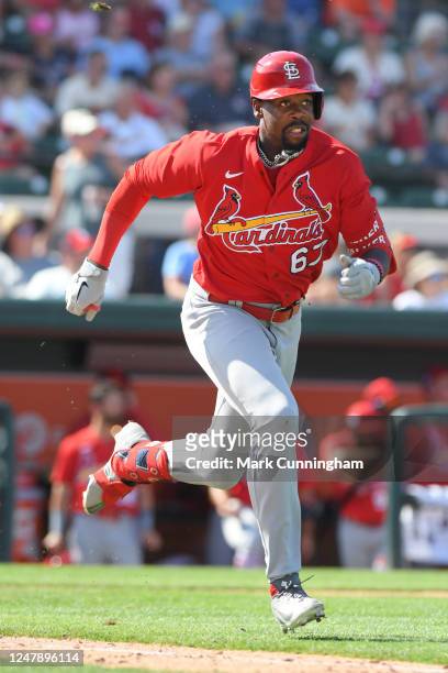 Jordan Walker of the St. Louis Cardinals runs to first base during the Spring Training game against the Detroit Tigers at Publix Field at Joker...