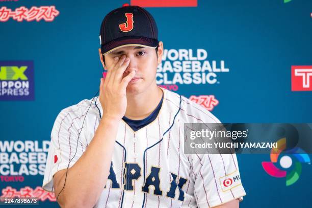 Japan's Shohei Ohtani attends a press conference ahead of the World Baseball Classic at the Tokyo Dome in Tokyo on March 8, 2023.