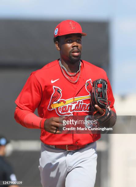 Jordan Walker of the St. Louis Cardinals looks on during the Spring Training game against the Detroit Tigers at Publix Field at Joker Marchant...