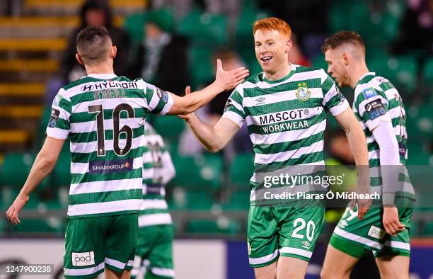 Dublin , Ireland - 6 March 2023; Rory Gaffney of Shamrock Rovers celebrates with teammate Gary O'Neill after scoring his side's first goal during the...