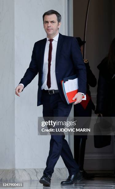 French Government's Spokesperson Olivier Veran leaves the Elysee presidential palace after attending the weekly cabinet meeting, in Paris on March 8,...