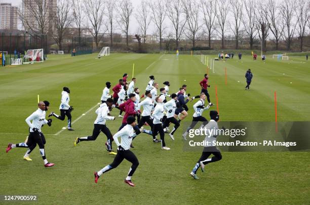 West Ham United players during a training session at the Rush Green Training Ground, Romford. Picture date: Wednesday March 8, 2023.