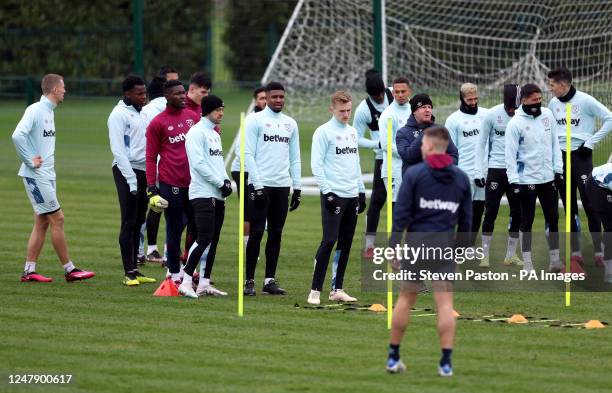 West Ham United players during a training session at the Rush Green Training Ground, Romford. Picture date: Wednesday March 8, 2023.