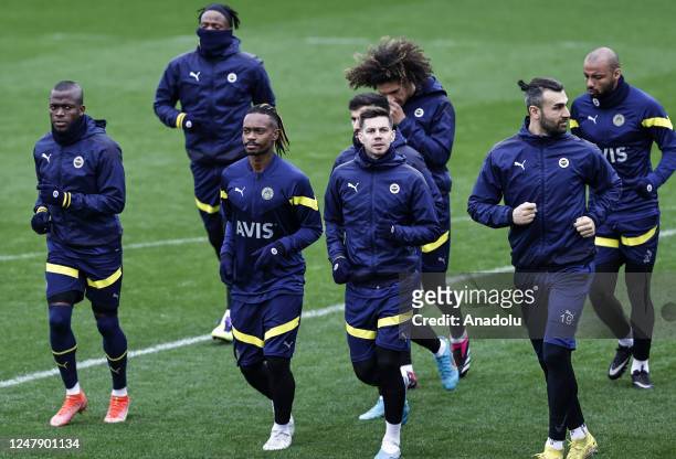 Serdar Dursun , Mila Zajc and Enner Valencia of Fenerbahce attend a training session ahead of the UEFA Europa League, match between Sevilla and...