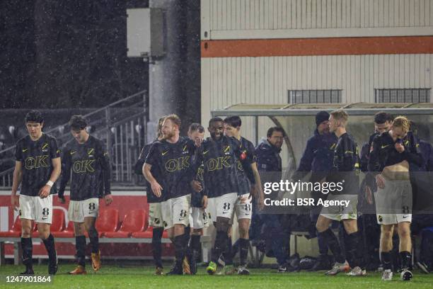 Cuco Martina of NAC Breda, players of NAC Breda celebrate the second goal during the Dutch Keukenkampioendivisie match between Jong PSV and NAC Breda...