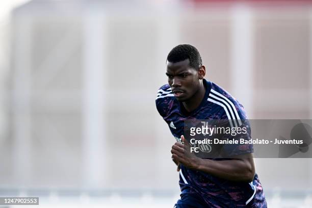 Paul Pogba of Juventus during a training session ahead of their UEFA Europa League round of 16 leg one match against Sport-Club Freiburg at Juventus...