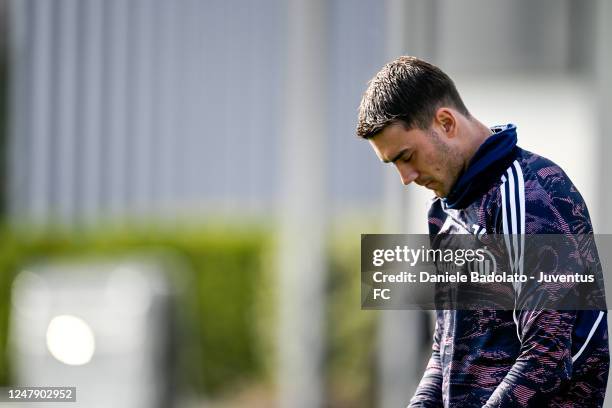 Dusan Vlahovic of Juventus during a training session ahead of their UEFA Europa League round of 16 leg one match against Sport-Club Freiburg at...