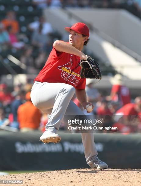 Packy Naughton of the St. Louis Cardinals pitches during the Spring Training game against the Detroit Tigers at Publix Field at Joker Marchant...