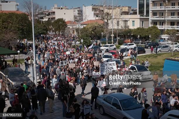 Thousands of students, youths and left-wing protesters marched during a 24 hour strike in Chania, Greece on March 8 to protest for the deaths of at...