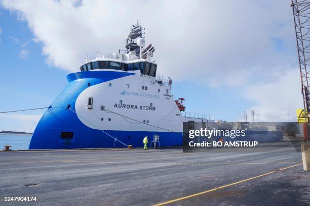 The Aurora Storm supply vessel stands ready to transport captured CO2 at the port of Esbjerg on March 8 the launch day of the Greensand Project, an...