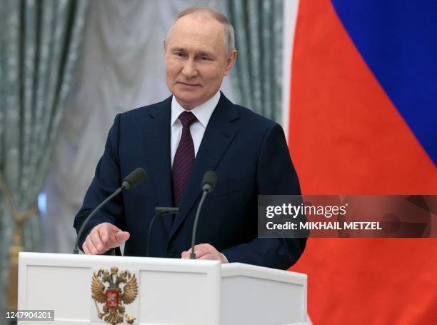 Russia's President Vladimir Putin delivers a speech before an awarding ceremony celebrating Women's Day in Moscow on March 8, 2023. / *Editor's note...